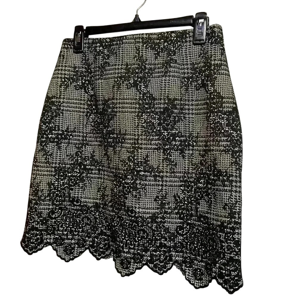 NWOT Zara Basic Black White Houndstooth Lace Scalloped Mini Skirt Medium